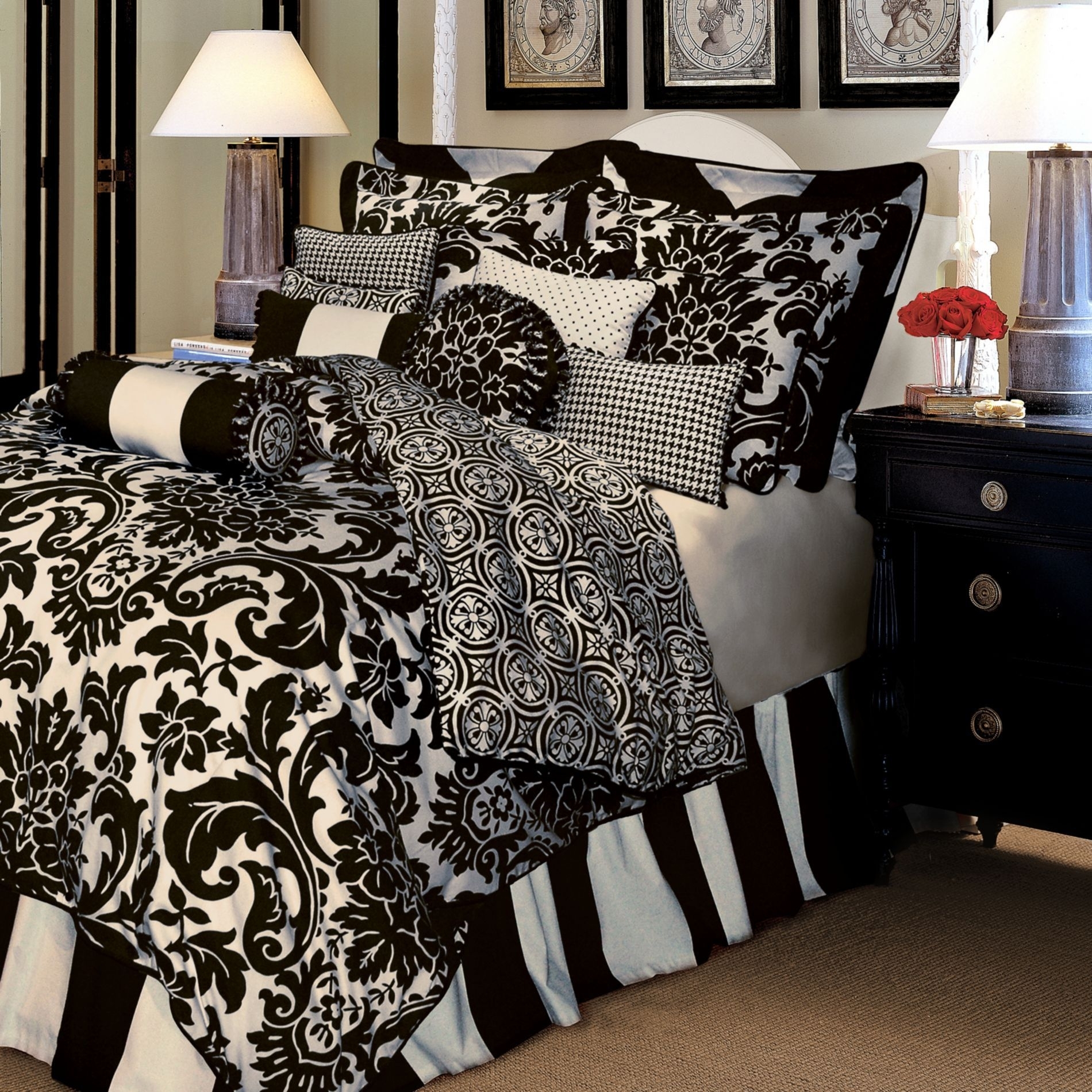Damask Bedding Set Comforter Modern Reverse Black White Classic Noir Shams KING