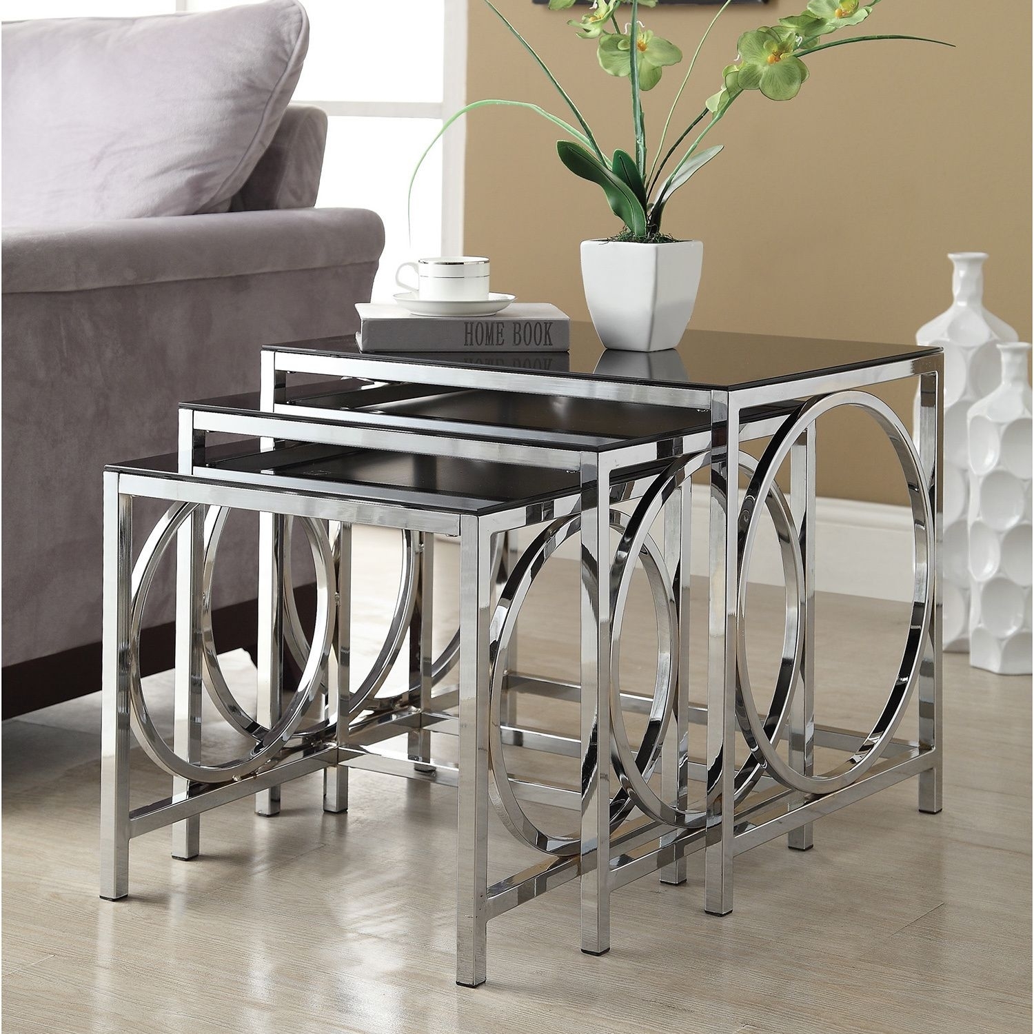 Ainpecca Nest of Tables Marble Effect Glass Top Square Side End Tables Chrome Metal Legs Black, marble effect glass top 