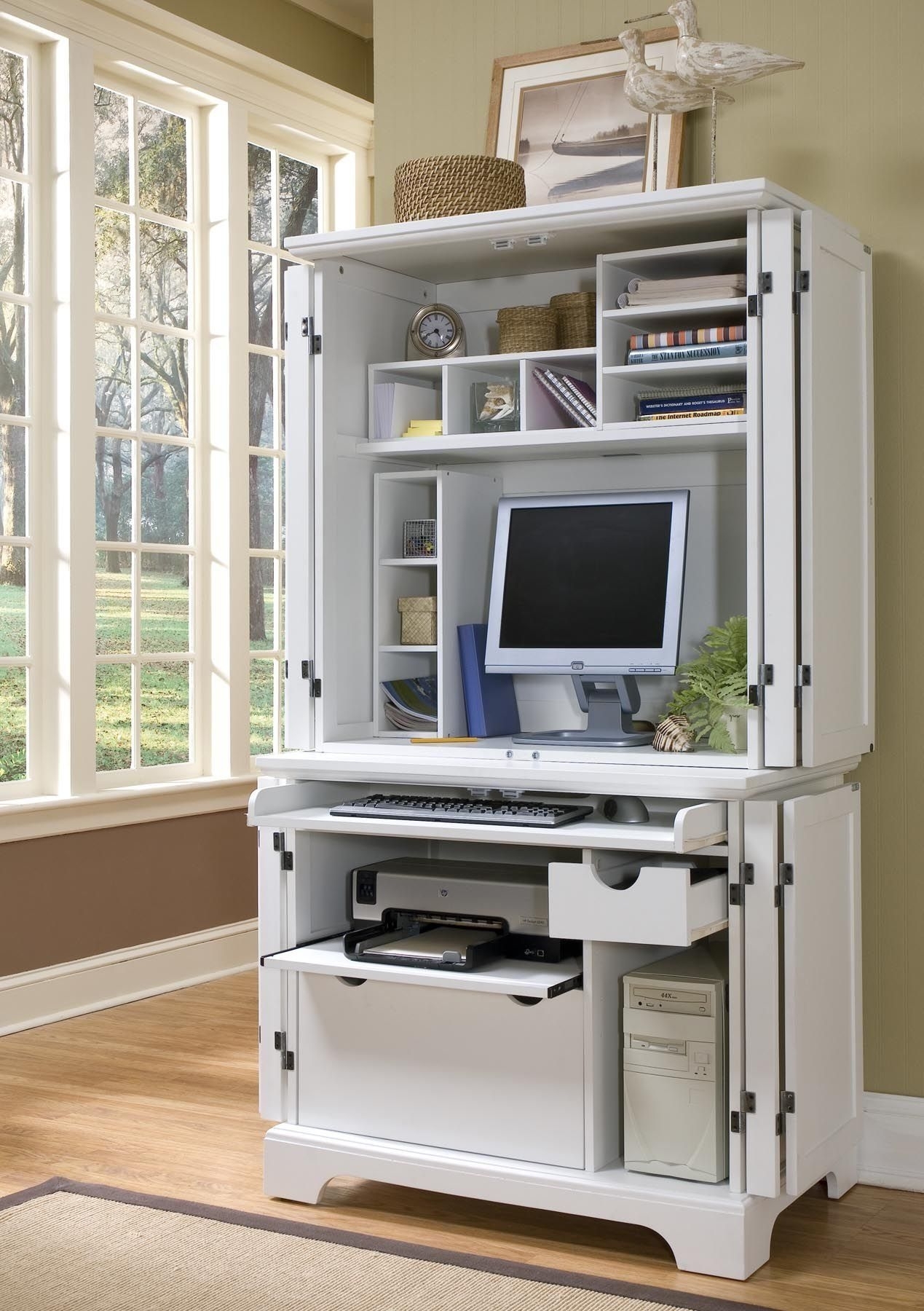 Armoire Hidden Home Office Desk with 3 drawers and filing cabinet. Dark  Wood