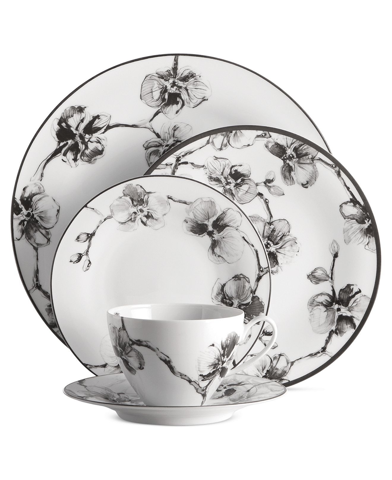 Floral Dinnerware Set For 4 Porcelain Dishes Plates Bowls Black White 12  Piece
