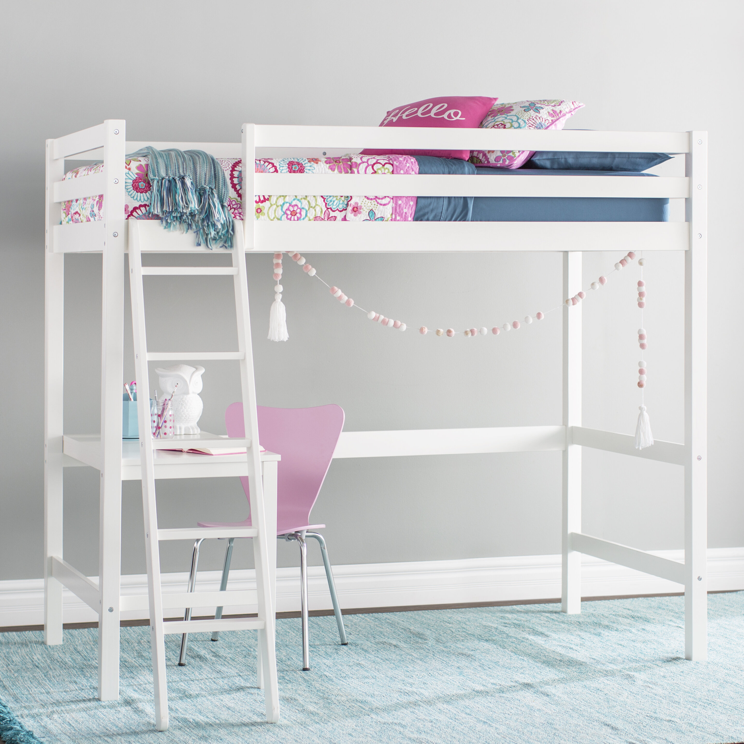 pink bunk bed with desk