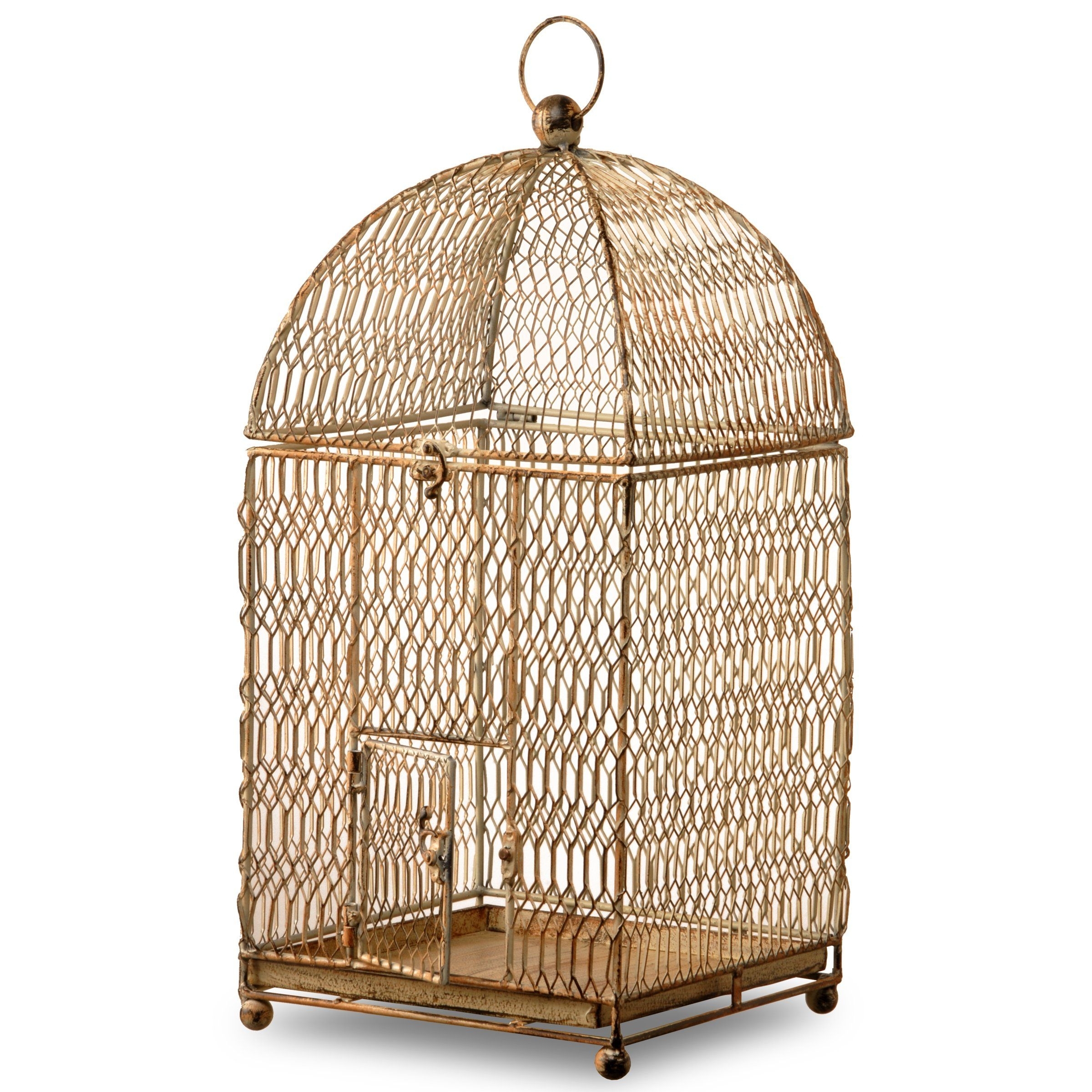 Antique HENDRYX Brass Bird Cage & Stand Glass Feeder Dishes Orig