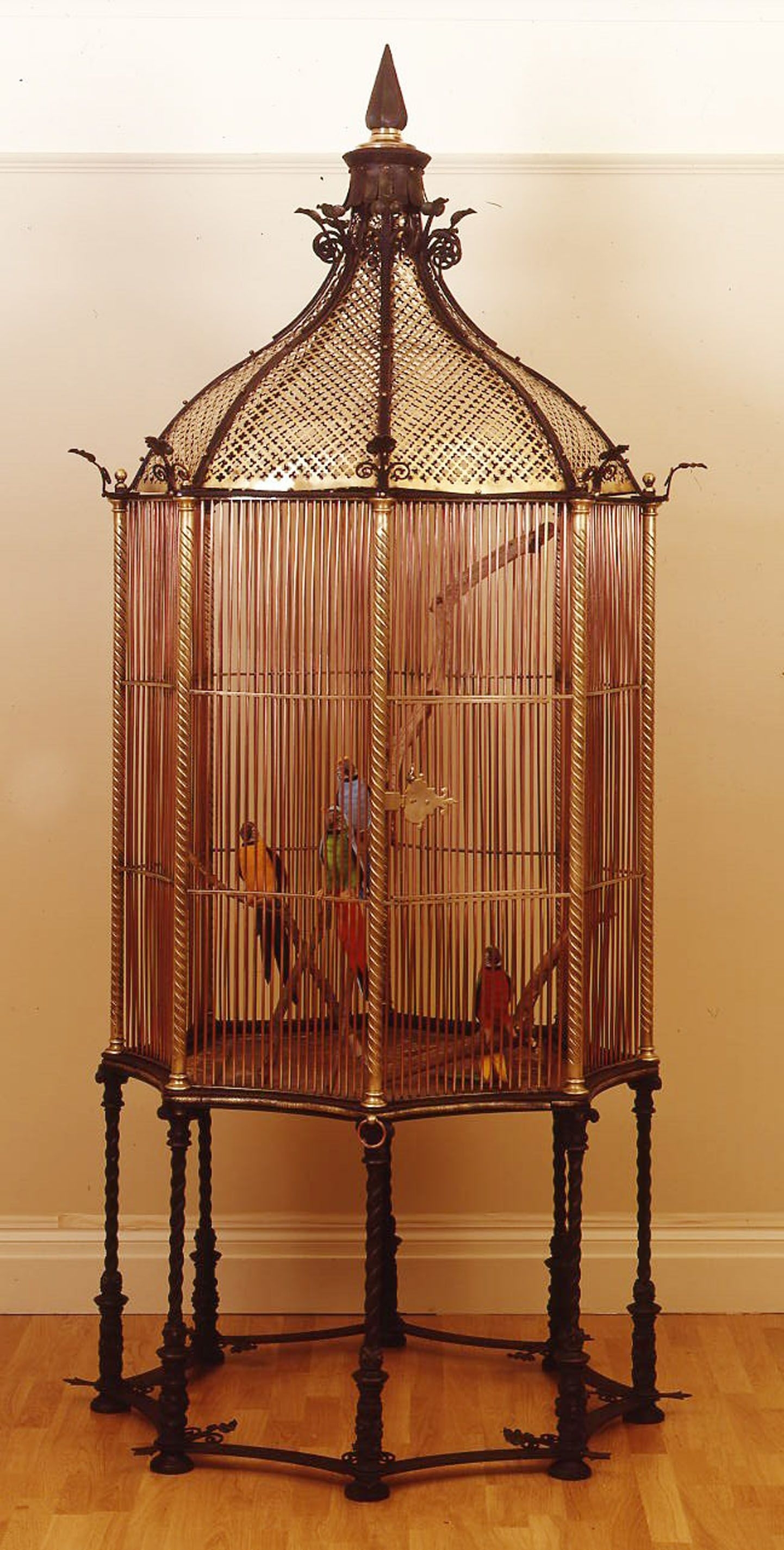 Vintage Brass Bird Cage with Swinging Bird and Stick Lock Home