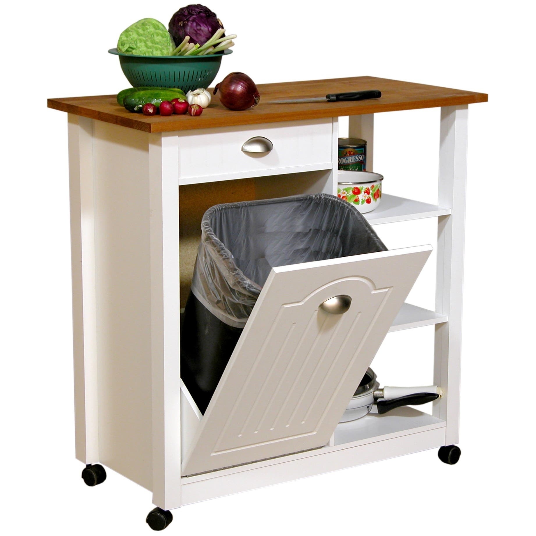 Farmhouse Industrial Kitchen Island With Handy Roll Out Trash