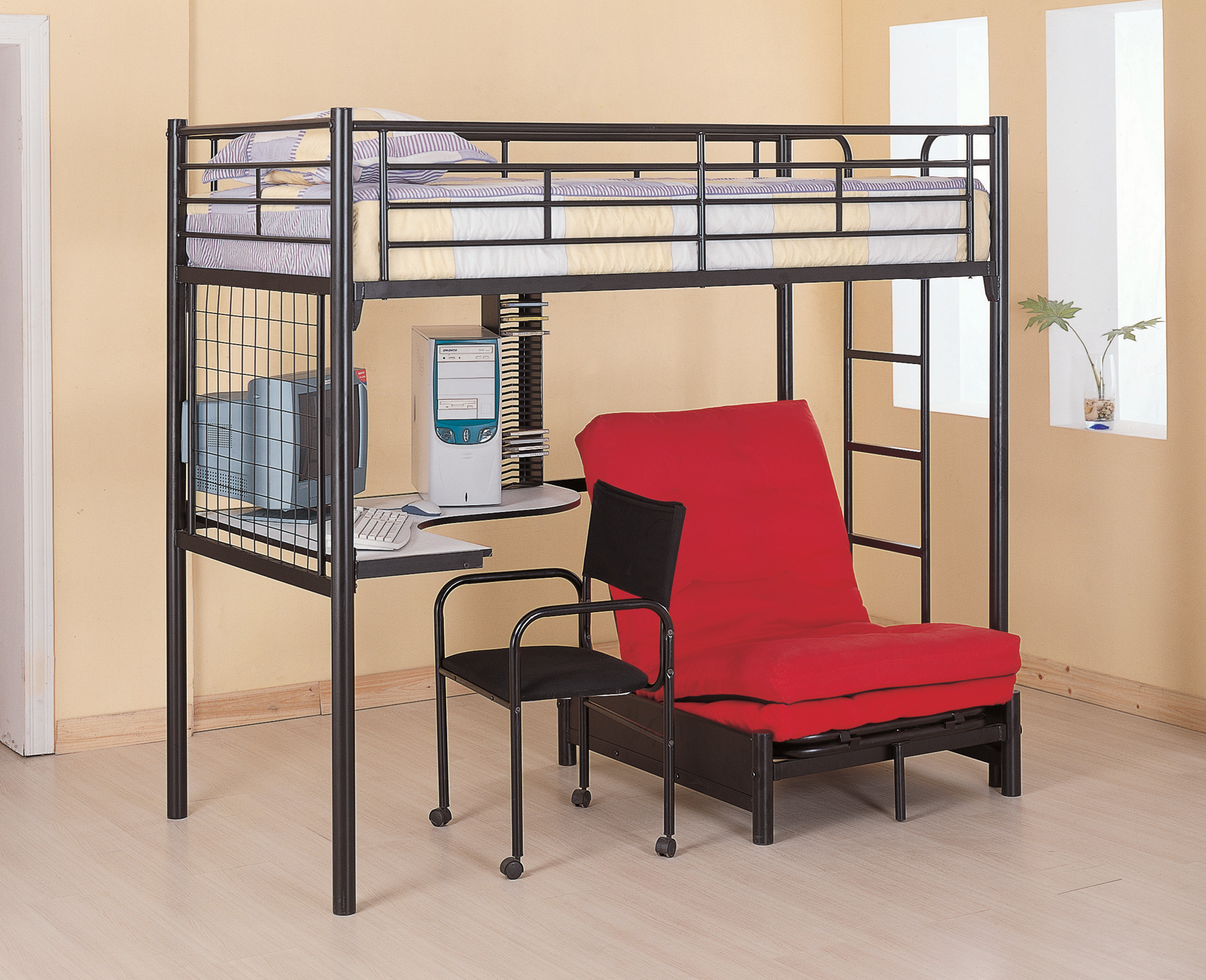 Full Size Studio Loft Bunk Bed Over Desk and Bookcase with Metal Frame Silver 