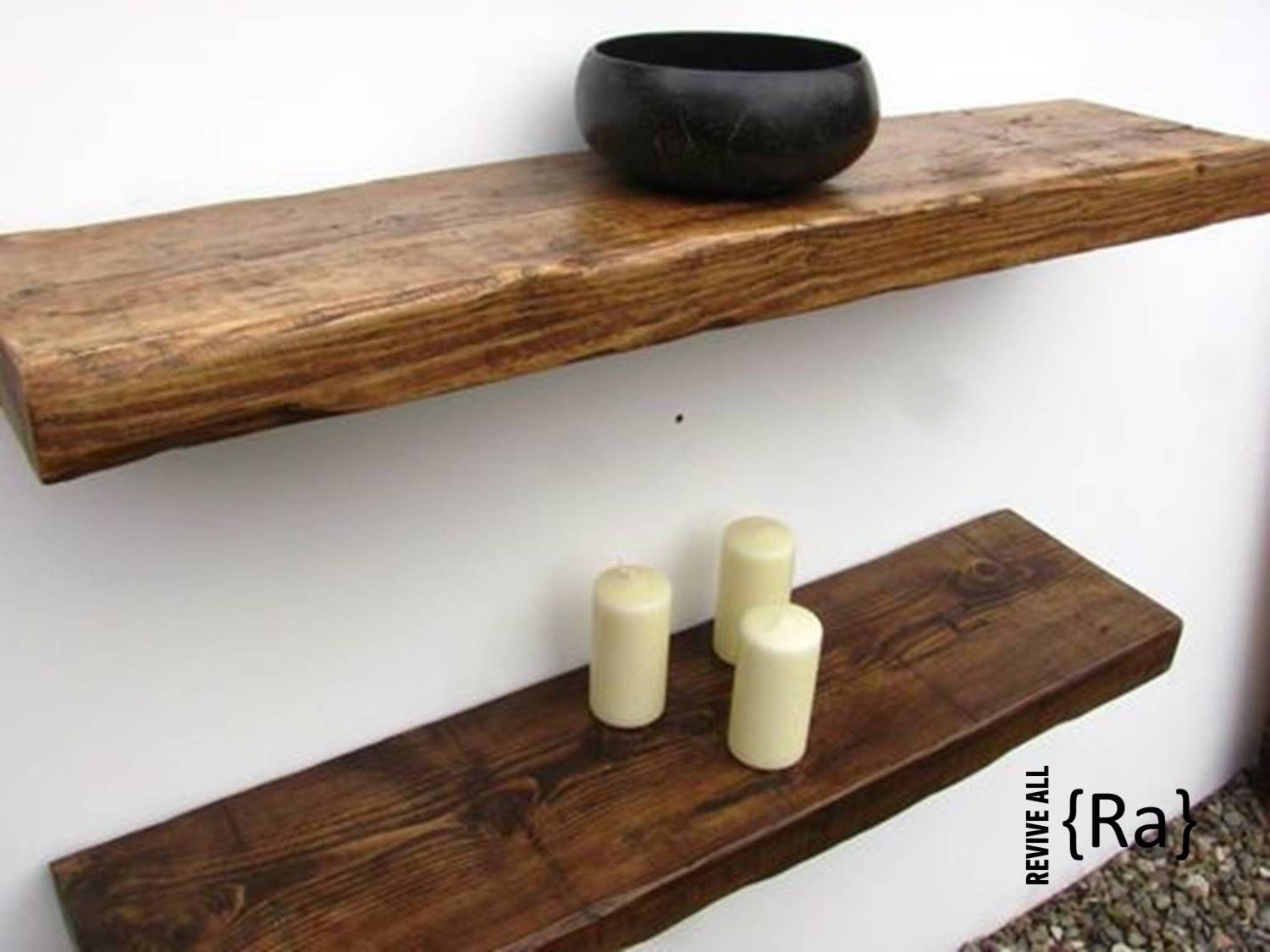 floating wood shelves above kitchen sink