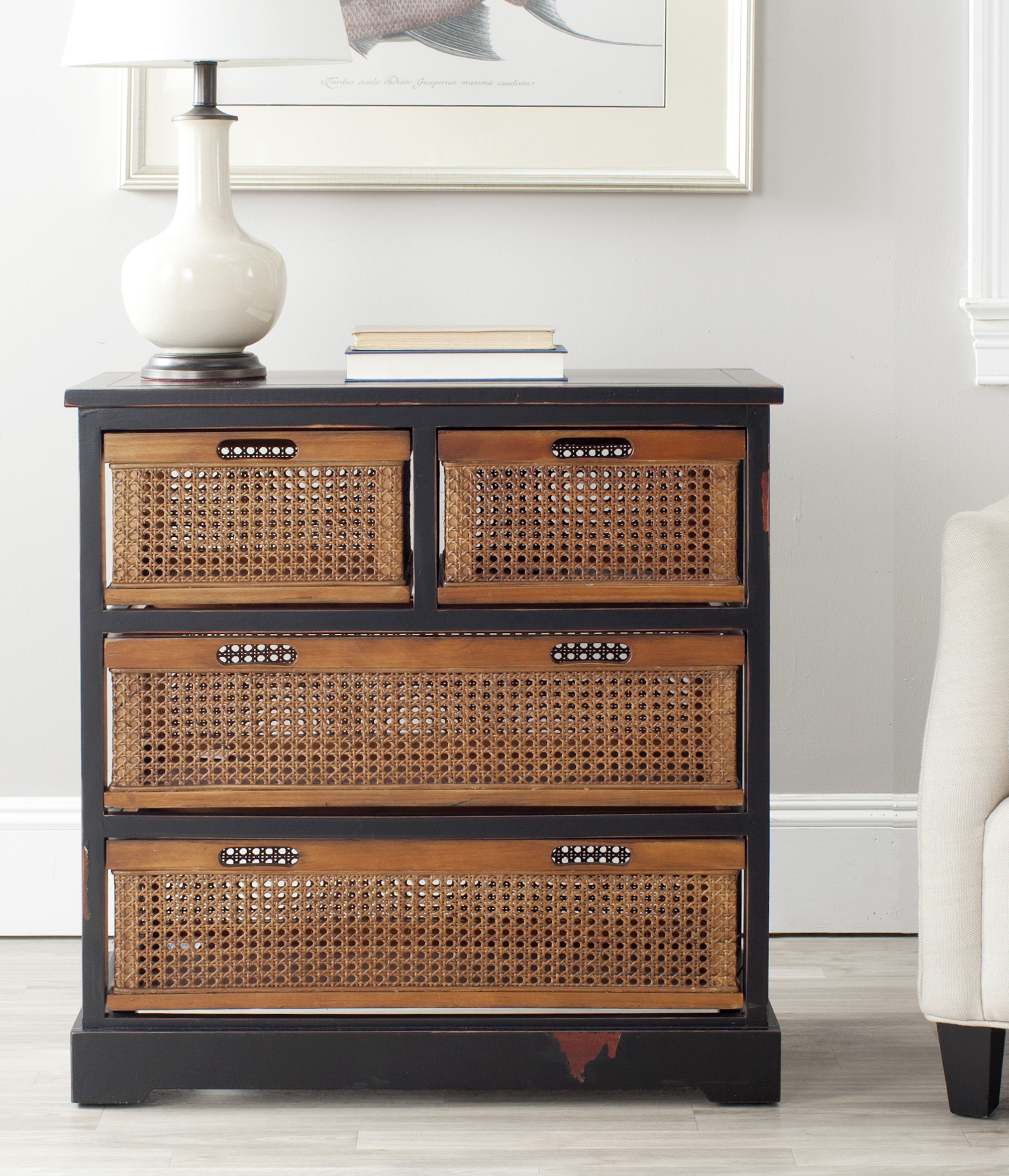 Rustic Storage Cabinet with Two Drawers and Four Classic Rattan