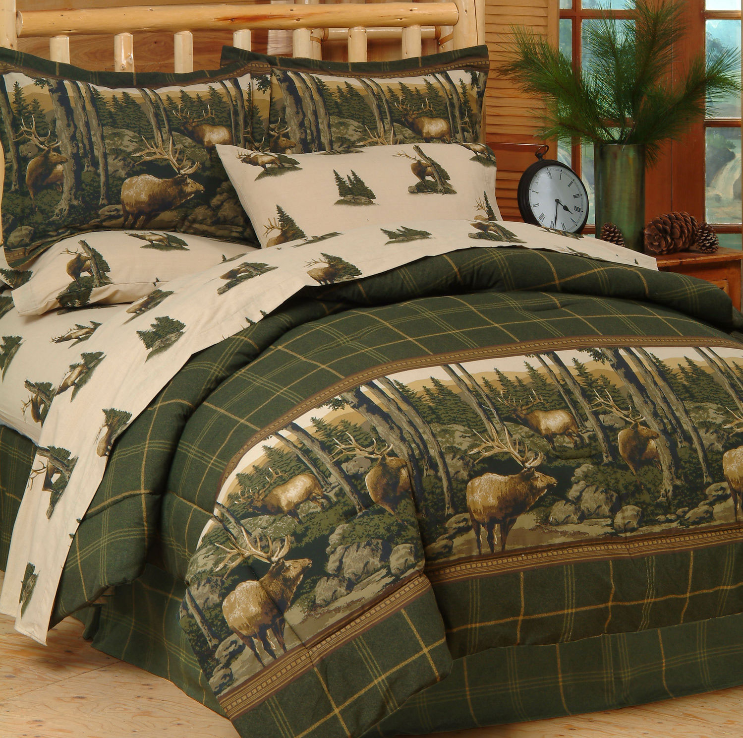 WHITETAIL DEER Buck HUNTING Lodge Cabin Plaid COMFORTER SET+SHEETS Bed~in~a Bag 